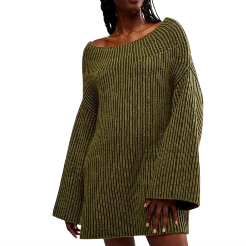Free People Boat Neck Tunic Off-Shoulder Sweater Chive Combo Ribbed Sz L Slouchy
